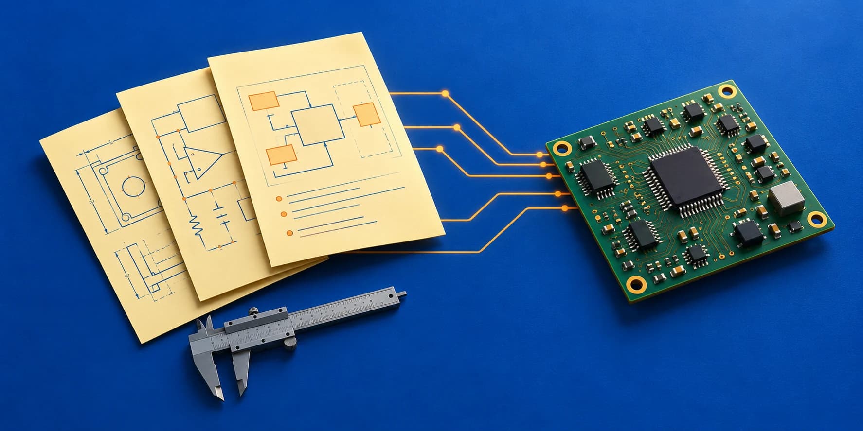 Concept illustration of project brief sheets and a caliper connected to a PCB with orange circuit lines on a blue background