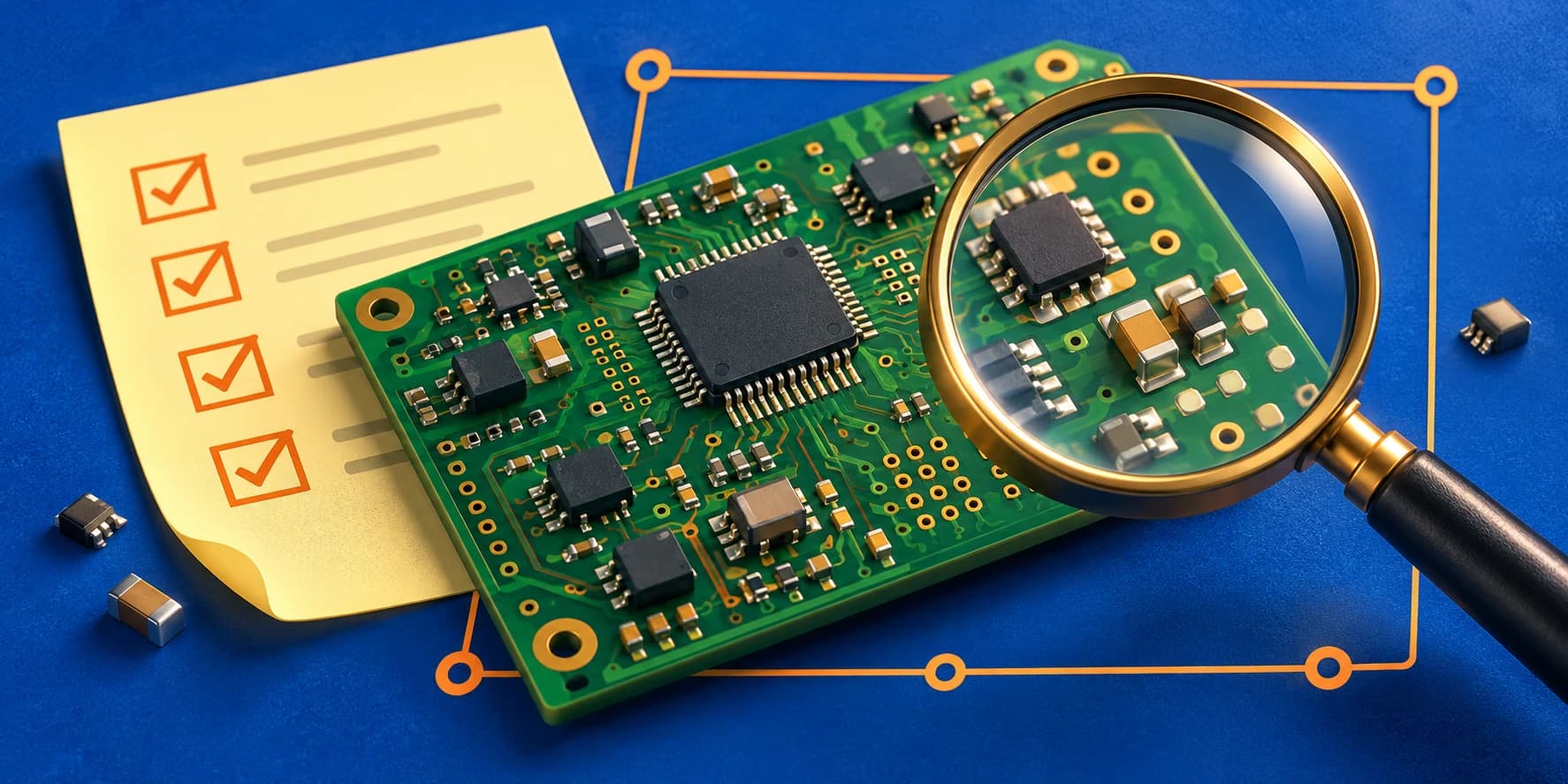 Concept illustration of a magnifying lens inspecting a green PCB beside a pale-yellow checklist on a blue background