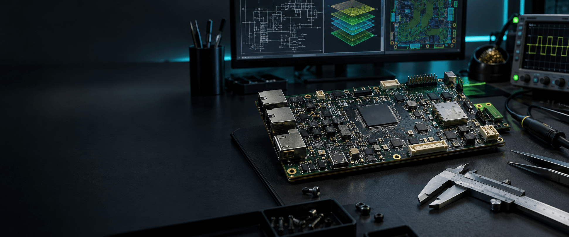 Concept illustration of an electronics workbench, PCB and schematic