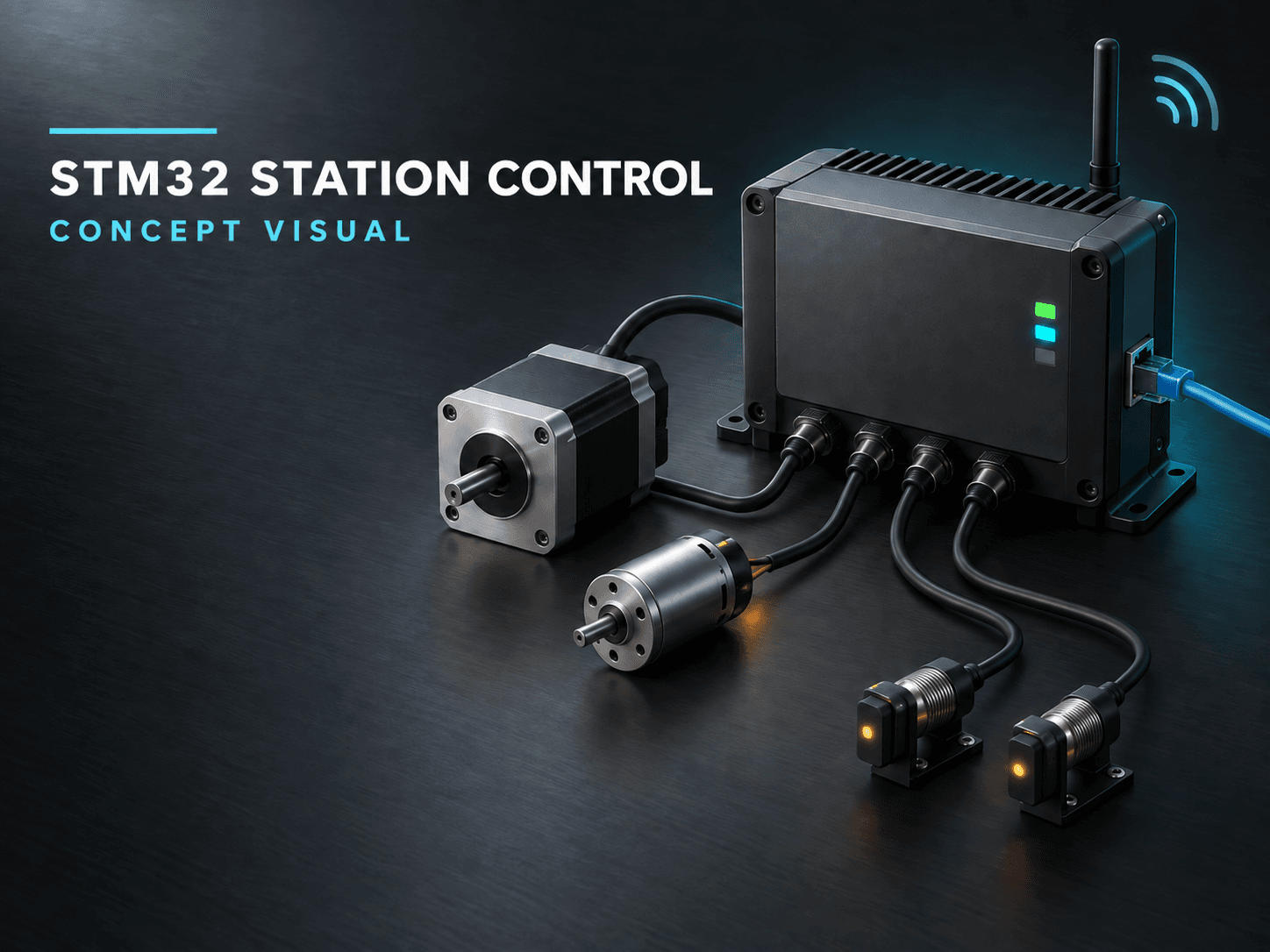 STM32 station-control PCB: hardware overview concept illustration