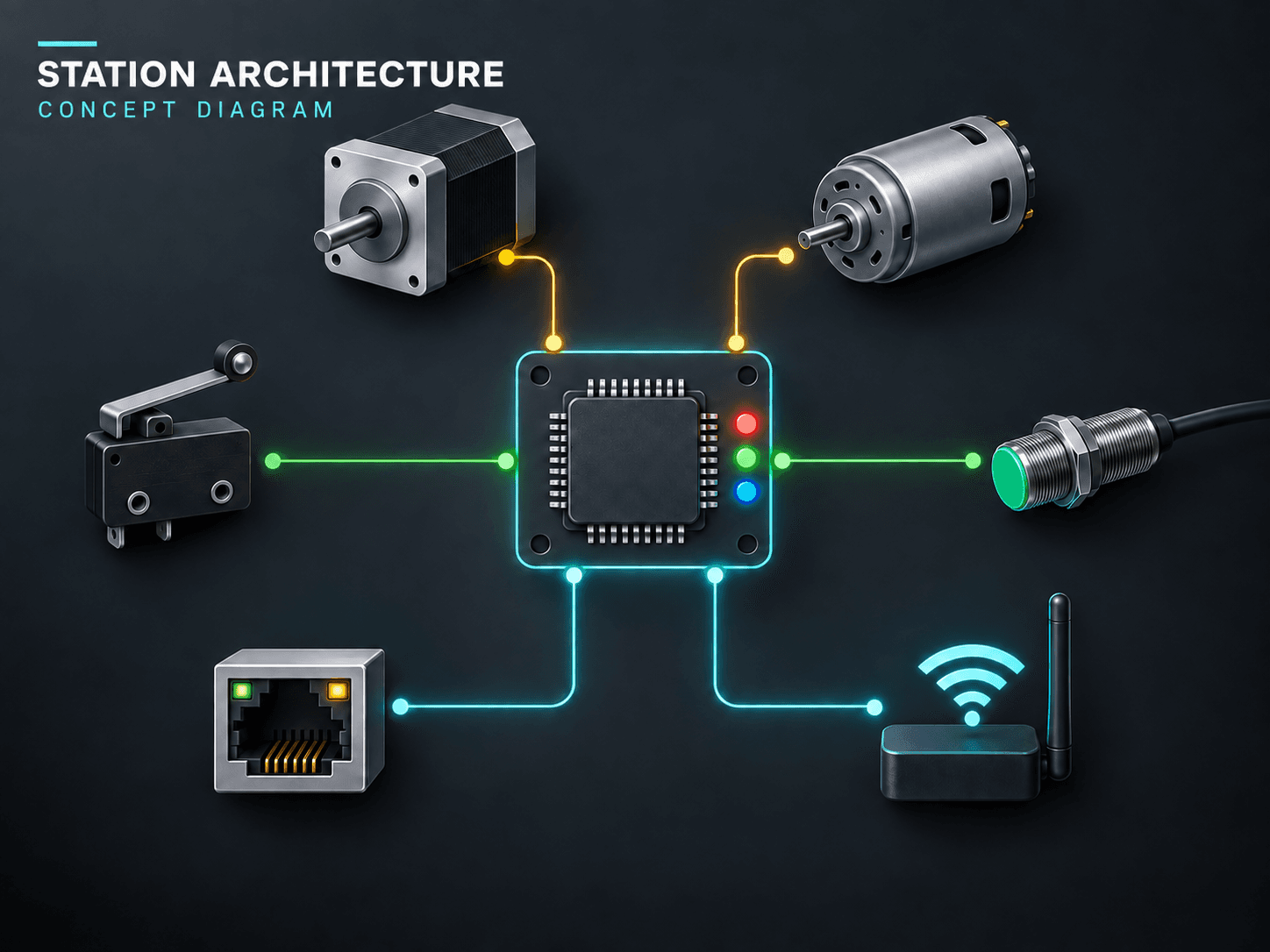 STM32 station-control PCB: system architecture concept illustration