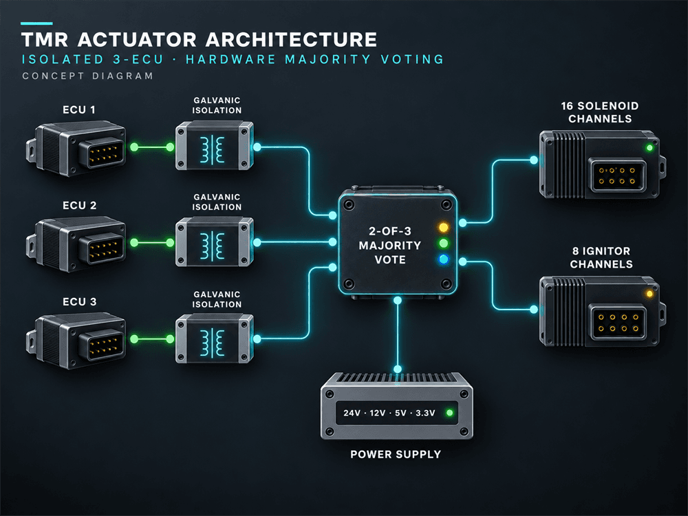 TMR actuator driver PCB: 3-ECU voting and 24 output channels: system architecture concept illustration