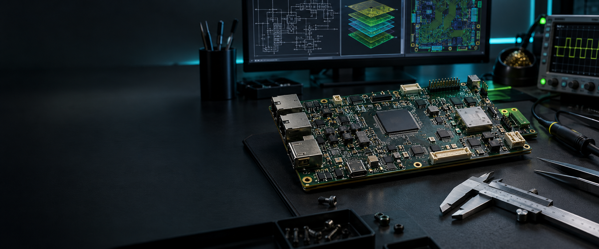 Professional electronics workbench with a dense PCB, schematic display and precision measurement tools